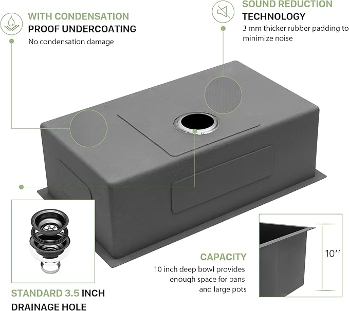 33 Inch Black Undermount Kitchen Sink - Beslend Gunmetal Black NANO-PVD Sinks Stainless Steel Under Counter Kitchen Sink 16 Gauge Single Bowl Round Corner Basin 33x19x10