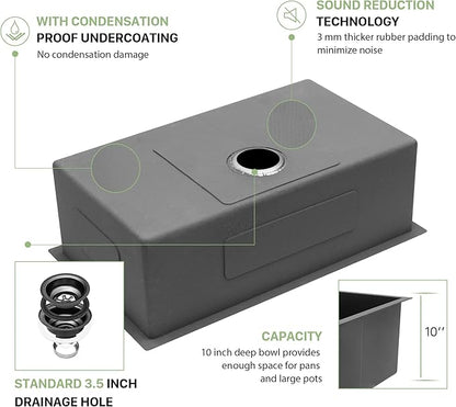 33 Inch Black Undermount Kitchen Sink - Beslend Gunmetal Black NANO-PVD Sinks Stainless Steel Under Counter Kitchen Sink 16 Gauge Single Bowl Round Corner Basin 33x19x10