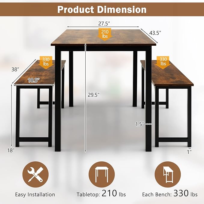 Giantex Dining Table Set for 4, Industrial Kitchen Table Set w/ 2 Benches, Space-Saving Dinette Set for Breakfast Nook, Dining Room, Kitchen, Easy Assembly (Mix Brown)