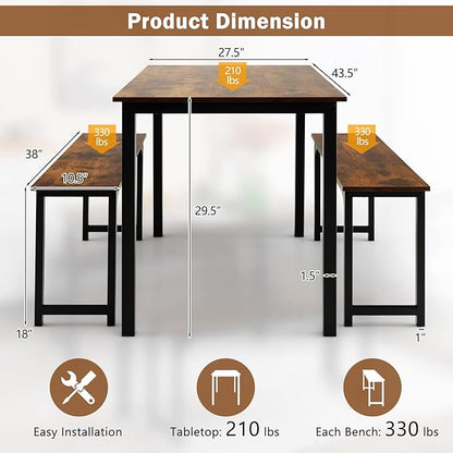 Giantex Dining Table Set for 4, Industrial Kitchen Table Set w/ 2 Benches, Space-Saving Dinette Set for Breakfast Nook, Dining Room, Kitchen, Easy Assembly (Mix Brown)