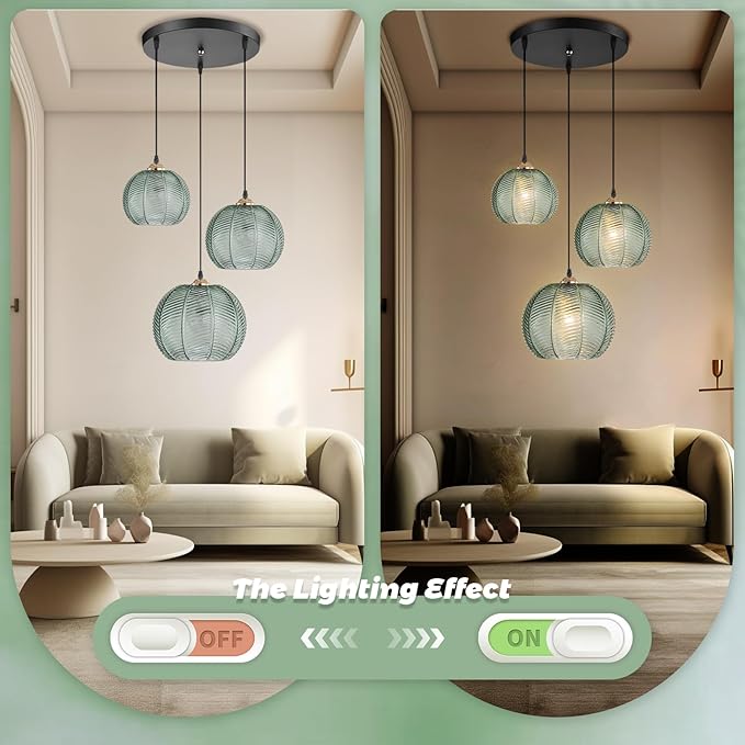 3-Light Cluster Pendant Lighting, Mid Century Modern Chandelier with Hand Blown Green Glass, Adjustable Kitchen Island Hanging Light for Dining Room, Bedroom, Living Room