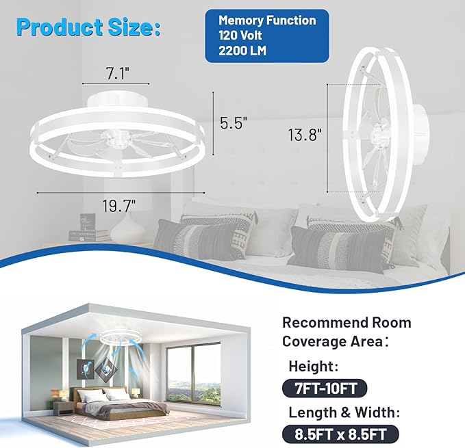 Bladeless Ceiling Fan with Lights,19.7'' 3000-6000K Dimmable 6 Wind Speed Low Profile Led Ceiling Fan, Reversible DC Motor Modern Flush Mount Indoor Kitchen Bedroom Fandelier Ceiling Fans