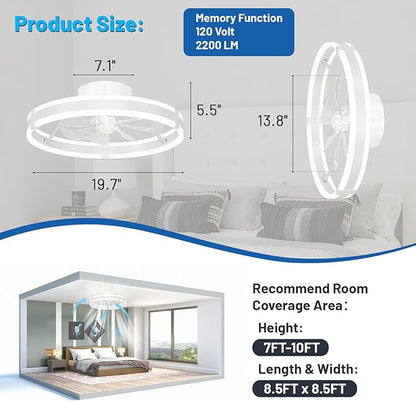 Bladeless Ceiling Fan with Lights,19.7'' 3000-6000K Dimmable 6 Wind Speed Low Profile Led Ceiling Fan, Reversible DC Motor Modern Flush Mount Indoor Kitchen Bedroom Fandelier Ceiling Fans