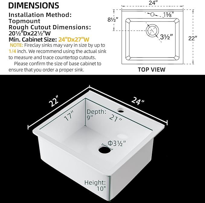 Miuara White Kitchen Sink Drop In 24 Inch 1 Hole - Small Topmount Fireclay Bar Sink 24"x22"x10" Single Bowl, with 2 Custom Accessories, Glossy White, for Kitchen & Laundry & Outdoor & Small Space