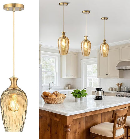 Glass Pendant Lights Kitchen Island, 1-Light Gold Pendant Light Fixtures with Hammered Amber Glass, Vintage Hanging Light for Kitchen Sink Dining Room Bedroom, E26