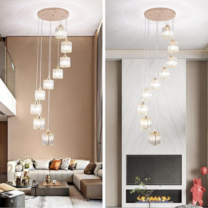 High Ceilings Long Chandeliers Modern Crystal Pendant Light Raindrop Drop Lamp Hanging Chandeliers Flush Mount Lighting Fixtures for Staircase Foyer Entryway Gold 9 Lights