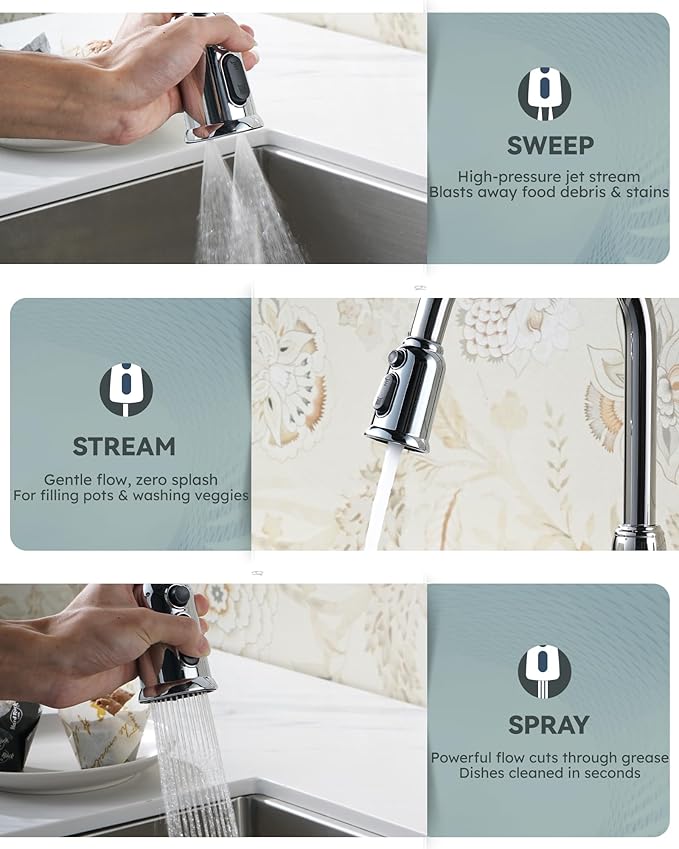 Chrome Kitchen Faucet with Soap Dispenser, WOWOW Stainless Steel Kitchen Faucet for Sink 2 or 4 Hole, High Arc Vintage Kitchen Sink Faucet with Pull Down Sprayer