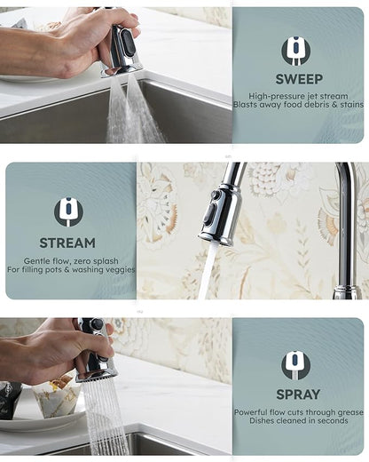 Chrome Kitchen Faucet with Soap Dispenser, WOWOW Stainless Steel Kitchen Faucet for Sink 2 or 4 Hole, High Arc Vintage Kitchen Sink Faucet with Pull Down Sprayer