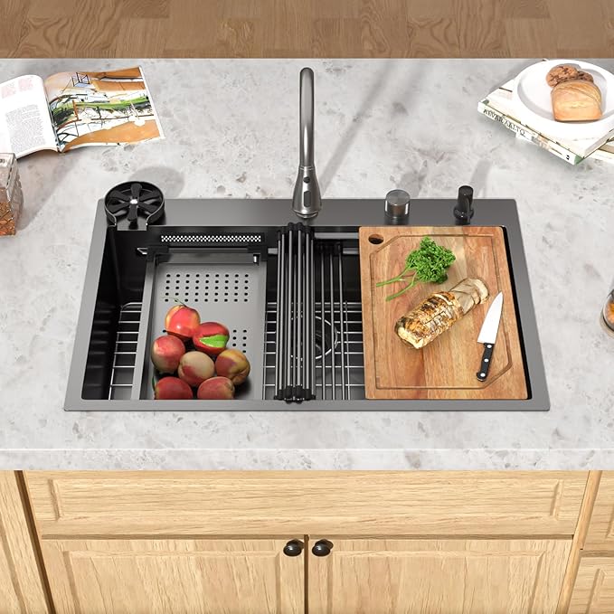 33" Drop-In Single Bowl Black Kitchen Sink with Faucet, Gunmetal Black 16 Gauge 304 Stainless Steel Workstation Sink with Cup Washer, Waterfall Outlet and Four-Hole Configuration #TLWF-0027