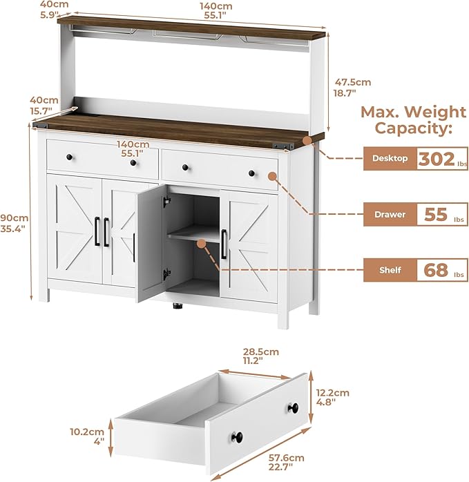 VVFLU Hutch Storage Cabinet Buffet with Drawers, and Charging Station, Coffee Bar Cabinet with Barn Doors, Wine Rack and Hooks, Countertop, Long Farmhouse, White, for Kitchen, Dining Room, 54.1" High