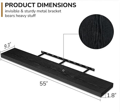 Fun Memories 55 Inch Floating Shelves - 9 Inch Deep Rustic Wooden Wall Shelves - Extra Deeper & Thicker Wall Mounted Storage Shelf for Living Room Kitchen Farmhouse - Rustic Black
