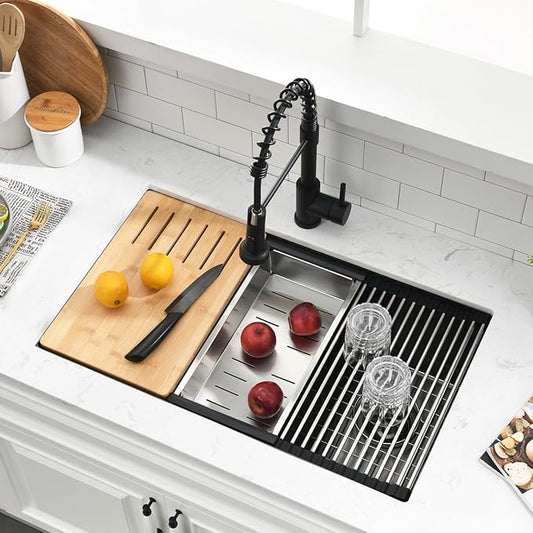 30 Inch Black Undermount Kitchen Sink Workstation - SZBAQTM 30x18 Inch Undermount Sink Stainless Steel Single Bowl 10'' Deep Handmade Kitchen sink with Cutting Board& Strainer