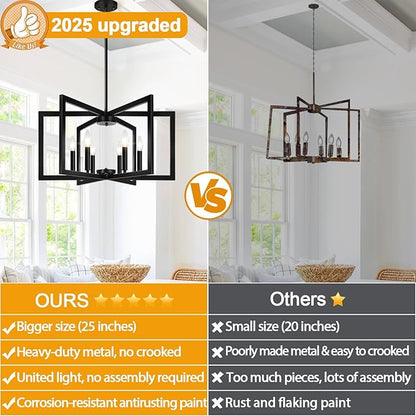 25" Modern Matte Black Chandelier for Dining Room, No Assembly Required Black Dining Room Light Fixture Over Table, Industrial Metal Hanging Pendant Lights Fixture for Kitchen Island, Entryway, Foyer