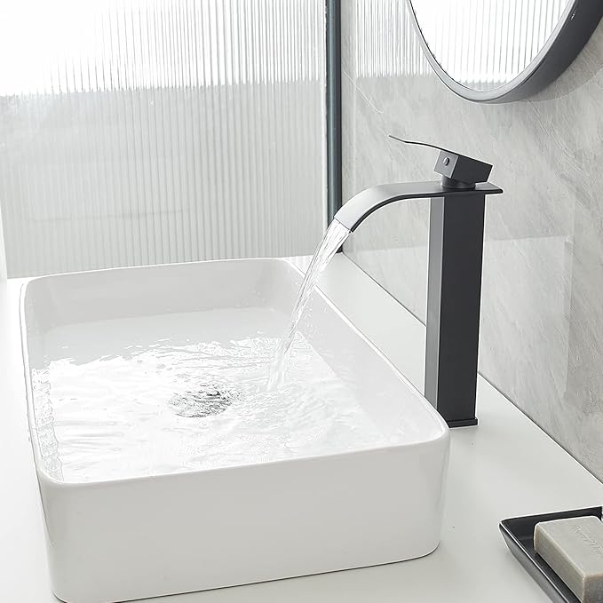 Vessel Sink Faucet Waterfall Bathroom Faucet Matte Black Stainless Steel Tall Single Handle One Hole Deck Mount Bowl Vanity Sink Faucet with Pop-up Drain Stopper