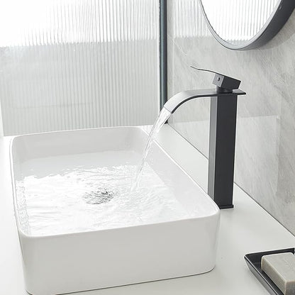 Vessel Sink Faucet Waterfall Bathroom Faucet Matte Black Stainless Steel Tall Single Handle One Hole Deck Mount Bowl Vanity Sink Faucet with Pop-up Drain Stopper