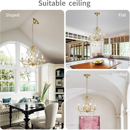 WUZUPS Crystal Candle Chandelier Pendant Flushmount Ceiling Light Modern Lighting Fixture for Bedroom Hallway Bar Kitchen Bathroom, H 14" x W 16", Gold, E12 Base