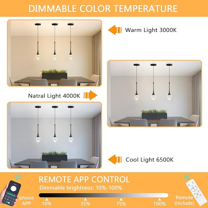 Modern Pendant Light LED Crystal Chandelier for Kitchen Island Dimmable Crystal Pendant Lighting for Dining Room Bedroom Black