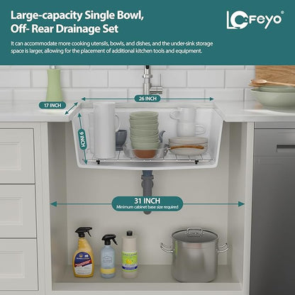28x19 Inch Undermount Kitchen Sink, White Granite Composite Quartz, Single Bowl Deep Workstation Basin for Soaking Washing Drying Stacking Dishes