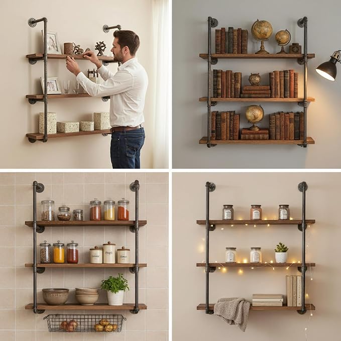 BIXIRAO Industrial Wall Mounted Iron Floating Pipe Shelves/Shelving/Racks/Storage/Bookcases/Brackets, DIY Open Bookshelves, Retro Black (4-Tier Shelf Brackets with 3 Boards)