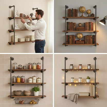 BIXIRAO Industrial Wall Mounted Iron Floating Pipe Shelves/Shelving/Racks/Storage/Bookcases/Brackets, DIY Open Bookshelves, Retro Black (4-Tier Shelf Brackets with 3 Boards)