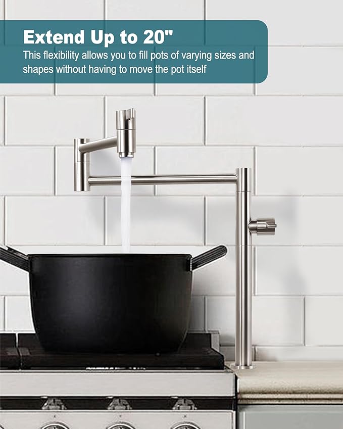 Deck Mount Pot Filler Faucet, ARCORA Solid Brass Pot Filler Brushed Nickel Kitchen Folding Faucet with Stretchable Double Joint Swing Arm