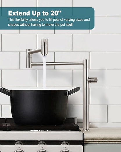 Deck Mount Pot Filler Faucet, ARCORA Solid Brass Pot Filler Brushed Nickel Kitchen Folding Faucet with Stretchable Double Joint Swing Arm