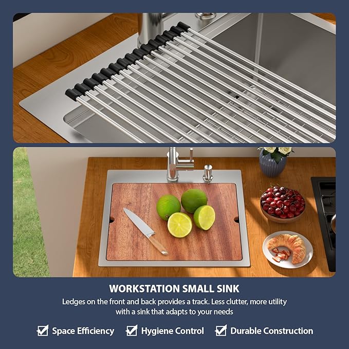 21 Outdoor Kitchen Sink with Faucet- Beslend Drop In Outdoor Bar Sink with Pull-Out Faucet and Cover, 16 Gauge Stainless Steel Kitchen Sinks Workstation Single Bowl Above Counter Indoor Outdoor