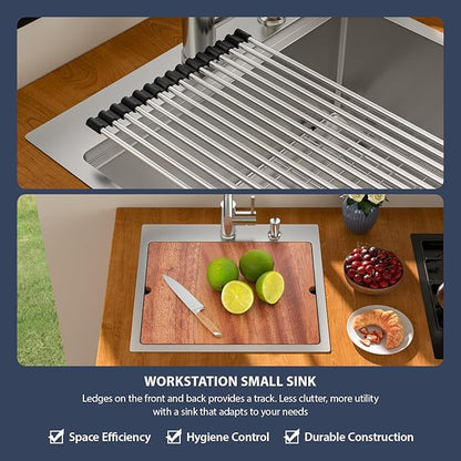 21 Outdoor Kitchen Sink with Faucet- Beslend Drop In Outdoor Bar Sink with Pull-Out Faucet and Cover, 16 Gauge Stainless Steel Kitchen Sinks Workstation Single Bowl Above Counter Indoor Outdoor