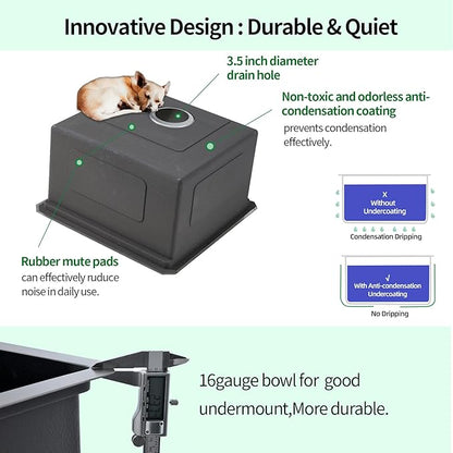 Undermount Kitchen Sink, 18 x 18 x 10 Inch Sink Kitchen 16 Gauge Gunmetal Black Stainless Steel Kitchen Sinks Single Bowl Workstation Sink with Cutting Board
