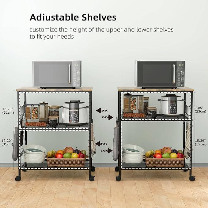 Toutrop Rolling Kitchen Microwave Cart with Wheels, 3 Tier Microwave Storage Cart with Adjustable Shelves, Coffee Table, Utility Cart for Kitchen, Living Room, Office, Laundry Room
