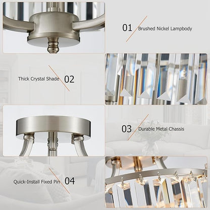 12.2'' Modern Brushed Nickel Crystal Ceiling Light Fixture Farmhouse 3-Light Semi Flush Mount Drum Chandelier for Dining Room, Bedroom, Kitchen, Hallway, Entryway, Foyer, E12 - MJ055BN