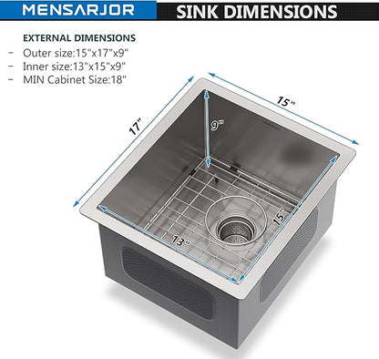 MENSARJOR Undermount Kitchen Sink, 304 Stainless Steel Round Corner Single Bowl Deep Kitchen Sinks, 10-inch Deep Large Bar Sink, 15"X17"Inch