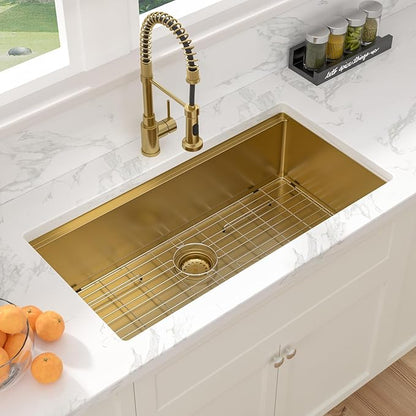 Sarlai 36 Gold Undermount Kitchen Sink Workstation - 36x19 Inch Kitchen Sinks with Ledge NANO-Tech Gold Sink Round Corner 16 Gauge Stainless Steel Single Bowl Sink Basin