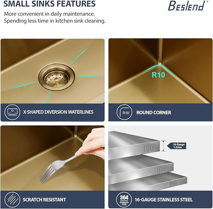 18 Outdoor Kitchen Sink Gold - Beslend 18x18 Gold Outdoor Sink Bar Sink RV Sinks Drop In, Topmount Stainless Steel Kitchen Sinks Workstation 16 Gauge Single Bowl Above Counter Indoor Outdoor