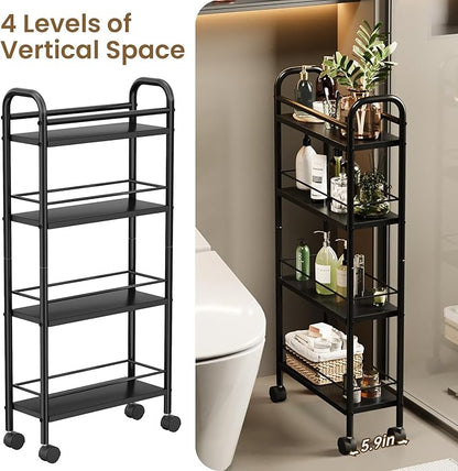Asgolion Slim Storage Cart, 4-Tier Small Rolling Cart with Wheels, 5.9" Deep, Narrow Bathroom Shelf Trolley for Kitchen, Bathroom, Laundry Room, Black Standard 4-Tier (5.9" W x 33.6" H)