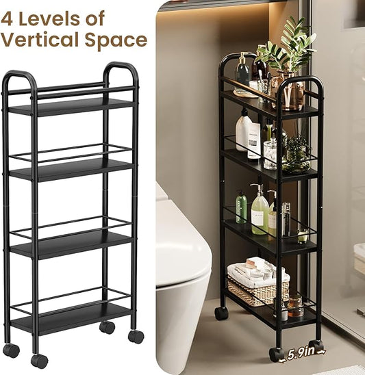 Asgolion Slim Storage Cart, 4-Tier Small Rolling Cart with Wheels, 5.9" Deep, Narrow Bathroom Shelf Trolley for Kitchen, Bathroom, Laundry Room, Black Standard 4-Tier (5.9" W x 33.6" H)