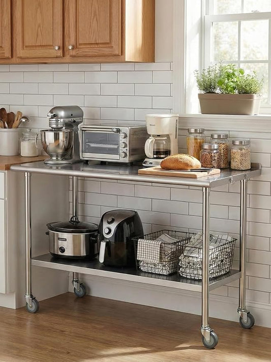 Atelicf All-Stainless Steel Prep Table, 24 X 48 Inches, with Rounded-Corner Backsplash, Wheels and Adjustable Undershelf, Heavy-Duty for BBQ,Restaurants,Hotels,Workshops,Kitchens