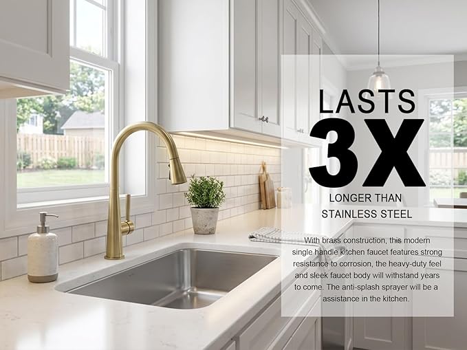 Lava Odoro Brushed Gold Kitchen Faucet with Pull Down Sprayer, Modern Single Handle Kitchen Sink Faucet, Gold Faucet for Kitchen Sink with Magnetic Docking Sprayer and Deck Plate, KF321-SG