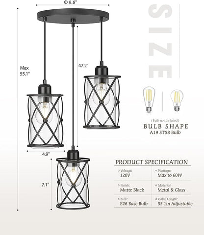 Black Dining Room Chandelier Light Fixtures, 3-Light Pendant Lighting with Clear Glass, Modern Kitchen Island Cluster Hanging Pendant Lights for Sink, CH9176BK3