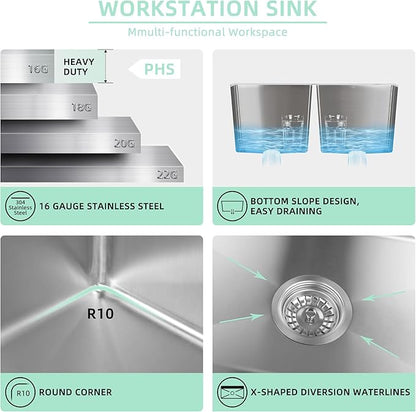 PHS 33 Inch Drop In Double Bowl Kitchen Sink 50/50-16 Gauge Stainless Steel Overmount Kitchen Sink 33x22 with Accessories, 9 Inch Deep Sinks with Brushed Finish
