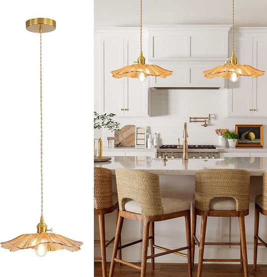 Pendant Light Kitchen Island Amber Glass Hanging Light Fixture Folwer Light Vintage Pendant Lights Modern Lighting for Bedroom Kitchen Hallway Bathroom Brown Sunflower