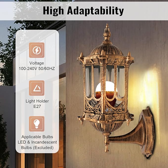 FIKNEE E27 Vintage Retro Wall Lamp Exterior Wall Mount Light Fixture, Antique Brass Lanterns Glass Sconce for Indoor Outdoor Garden Porch Walkway Sconce(6.1 * 13.19”)