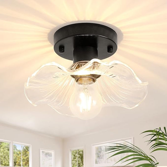 Shenmoyl Semi Flush Mount Light, Black Hallway Vintage Fixture With Clear Lotus Glass, 4.72" Base Modern Ceiling Light for Bathroom Porch Kitchen Bedroom