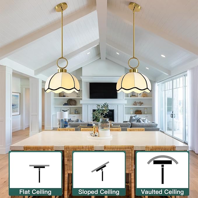 11.81” Modern Boho Pendant Light Vintage Farmhouse White Fabric Pendant Light Fixtures Adjustable Rod Hand Woven Pendant Lights for Kitchen Island, Dining Room, Bedroom, Hallway, Entryway