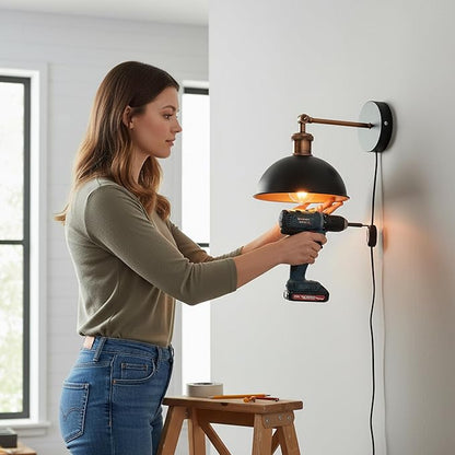 Vintage Industrial Wall Sconce with 180 Degree Adjustable Swing Arm Copper Dome Shade Hardwired or Plug in Light Fixture for Bedroom Living Room and Home Office (Yellow)