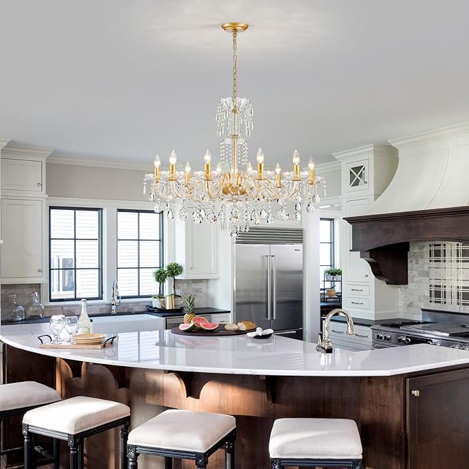 WUZUPS 10-Light Crystal Candle Chandelier Pendant Ceiling Light Modern Lighting Fixture for Bedroom Hallway Bar Kitchen Bathroom, H 26.7" W 33.9", E12 Base, Gold