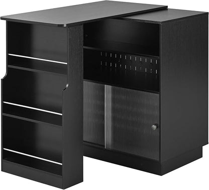 Modern Expandable Dining Table with Open Storage Shelf, Kitchen Island with Sliding Doors, Buffet Cabinet with Aluminum Alloy Handles (Black)