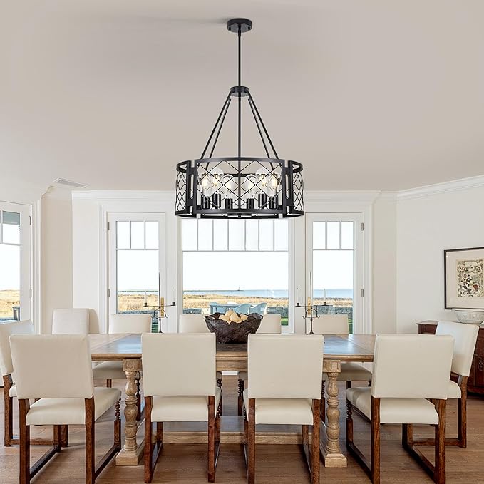 Sigaitwei 6-Light Farmhouse Chandelier Rustic Black Chandelier for Dining Room,Adjustable Pendant Light,Drum Chandelier for Kitchen Island Entryway Bedroom Hallway,21.7'',E26.