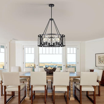 Sigaitwei 6-Light Farmhouse Chandelier Rustic Black Chandelier for Dining Room,Adjustable Pendant Light,Drum Chandelier for Kitchen Island Entryway Bedroom Hallway,21.7'',E26.