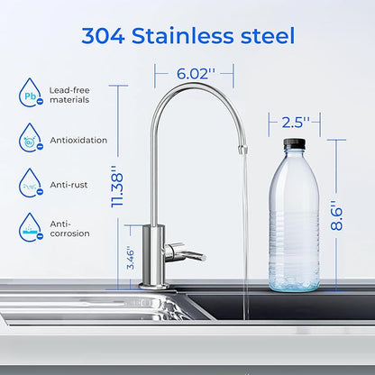 Waterdrop G2FCT-Chrome Drinking Water Faucet, Reverse Osmosis Faucet, Water Filter Faucet for Kitchen Bar Sink, Single Handle, Easy to Install, Lead-Free, Stainless Steel, Polished Chrome
